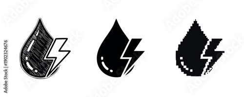 Abstract black and white lightning droplet icons