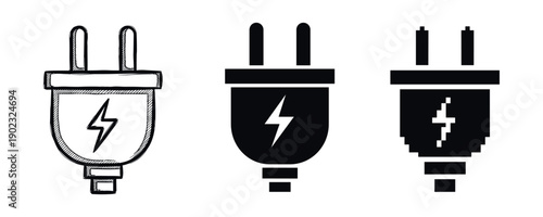 Three plug icon variations with lightning bolt symbol in sketch, solid, and pixel art
