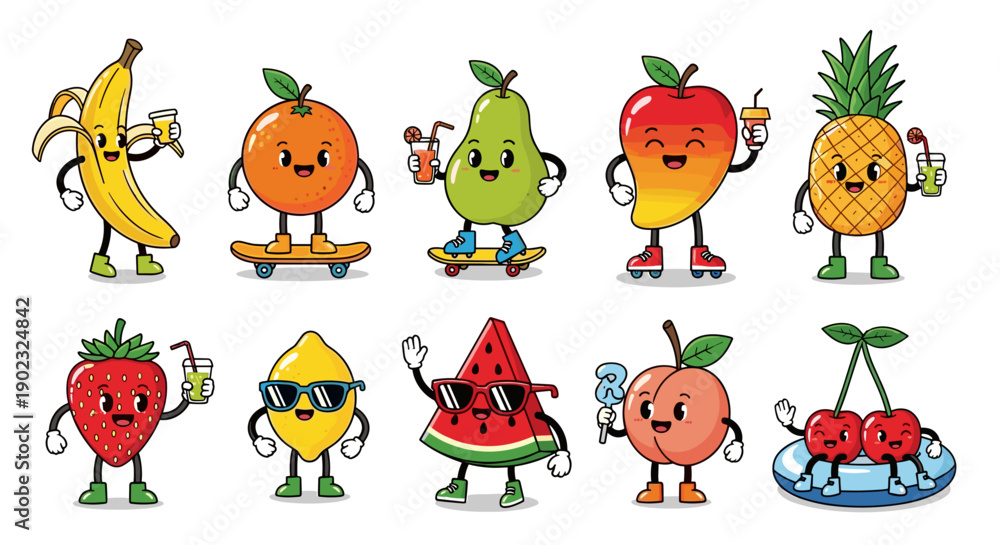 Obraz premium Cute Cartoon Fruit Characters Set – Fun Fruits with Faces, Skates & Accessories
