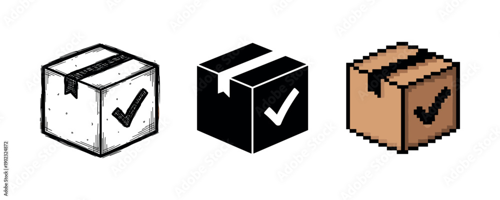 Obraz premium Three boxes with checkmarks: hand-drawn, monochrome, pixel art styles