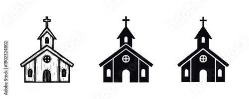 Three stylized church icons in black and white design variations