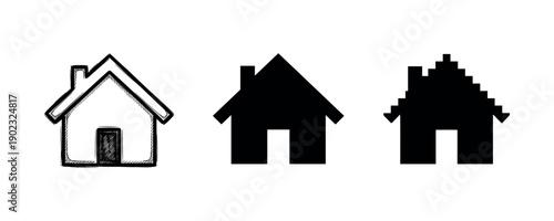 Three house icons: hand-drawn, solid black, pixel style silhouettes
