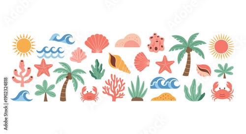 Colorful Beach and Sea Elements Clipart – Palm Trees, Crabs, Shells & Waves Set