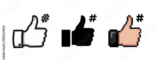Thumbs up icons with hashtags in comic, silhouette, and pixel styles