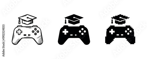 Game controller and graduation cap symbols: education and gaming icons