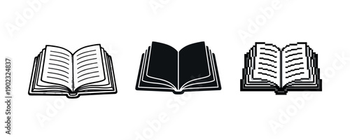 Symbols of open books in various artistic styles