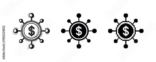 Monochrome dollar sign icons: sketch, solid, pixel art styles