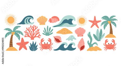 Colorful Beach and Sea Elements Clipart – Palm Trees, Crabs, Shells & Waves Set