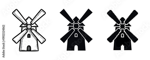 Three windmill designs: vintage sketch, modern silhouette, and pixel art