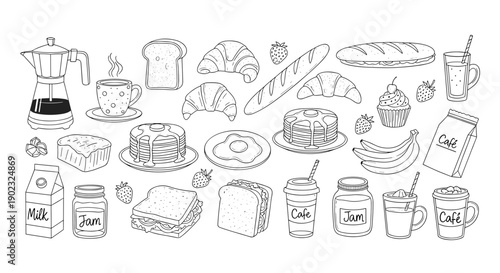 Breakfast Food and Coffee Doodle Icons – Hand-Drawn Morning Meal Illustrations