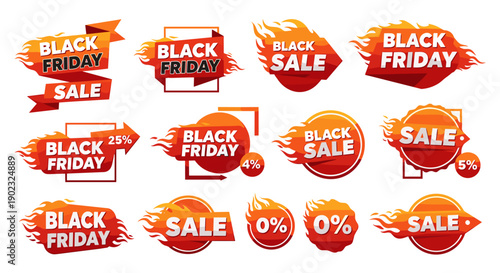 Black Friday Sale Badges with Flames – Discount Labels and Promo Icons Set