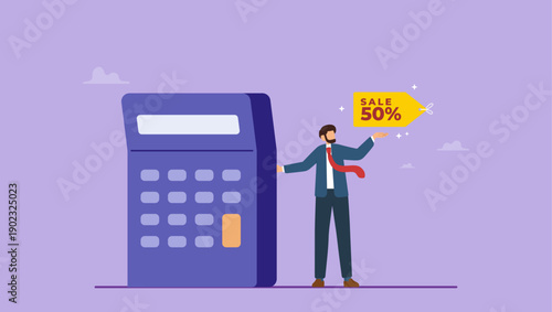 A man with bargain percent discount price tag with calculator. Price discount calculation, offer sale percentage promotion, marketing or advertising value, bargain deal commercial, special price.