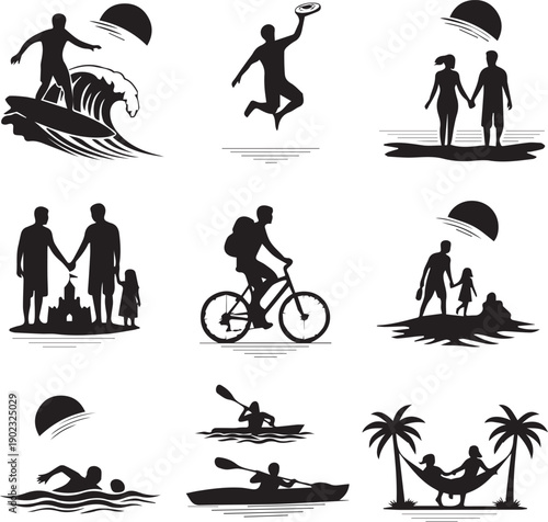 Silhouette of people enjoying beach and outdoor activities in silhouette