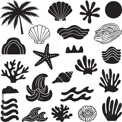 Black silhouette icons of various ocean and beach elements
