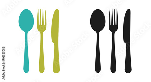 Colorful and monochrome flatware set displayed side by side