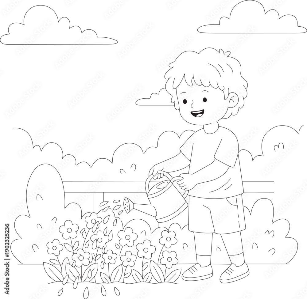 Fototapeta premium Happy Child Watering Flowers – Kids Coloring Page Line Art Illustration