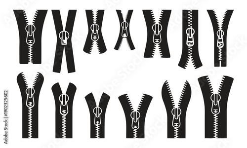 Assortment of zipper elements and sliders in open and closed positions for fashion and design