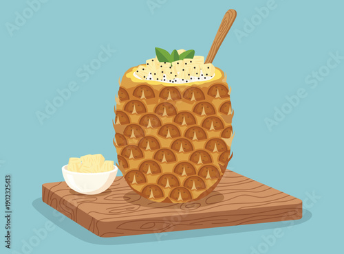 tropical pineapple bowl filled with creamy chia seed pudding and fruit chunks, served on a wooden board against a clean blue background.