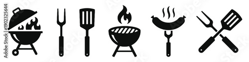 Barbecue grill and cooking utensils icons for grilling food