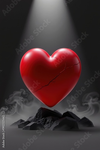 Wallpaper Mural Large cracked glossy red heart suspended above jagged dark rocks with mist and spotlight, symbolizing heartbreak, emotional pain, resilience, and human vulnerability. Torontodigital.ca