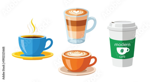 Assorted coffee drinks displayed latte cappuccino and takeaway coffee