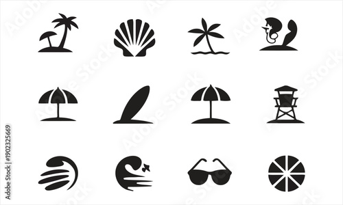 Beach and ocean themed icons including palm trees, waves and sun umbrellas