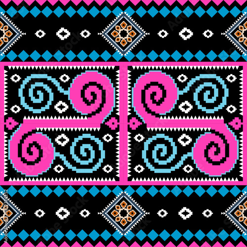 Ethnic ikat dye yarns weaving seamless pattern. Vector hand drawn craftsmanship embroidery bohemian, Pink and black abstract square geographic art fabric ikat textile material design for clothing