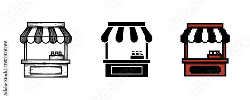 Set of cartoon stall illustrations with bottles in black and white and red