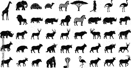 WebLarge set of African safari animal silhouettes including giraffe elephant lion rhino zebra and gorilla icons for wildlife nature conservation and zoo graphic design
