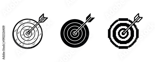 Three styles of archery targets with arrows: sketch, solid, pixel art designs