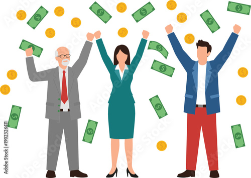 Flat vector illustration of a diverse group of business professionals celebrating financial success under falling money banknotes and gold coins