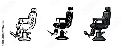 Retro barber chairs in vintage, monochrome, and pixel art styles