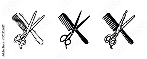 Set of three stylized scissor and comb icons in various art styles