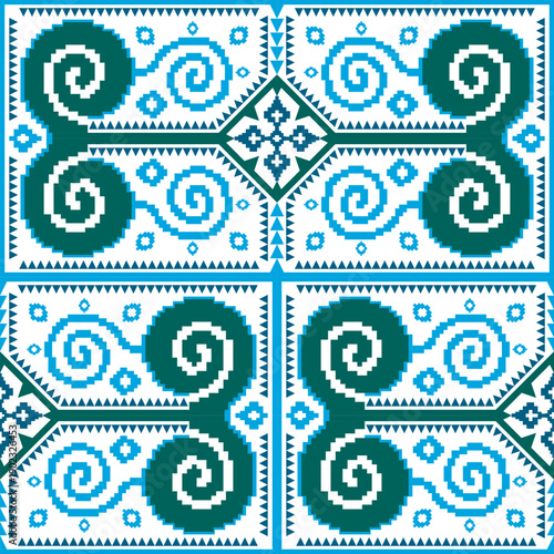 Ethnic ikat dye yarns weaving seamless pattern. Vector hand drawn craftsmanship embroidery bohemian, Blue abstract square geographic art fabric ikat textile material design for clothing 
