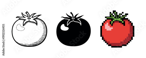 Tomato art styles: sketch, silhouette, pixel illustration trio