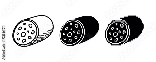 Three styles of sausage illustrations: line art, silhouette, pixel art