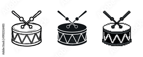 Drum icon set: outline, solid, pixel art styles with drumsticks