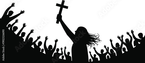 Silhouette of Christian worship crowd raising hands with woman holding cross, religious faith celebration, church praise concept, spiritual revival gathering illustration on white background.