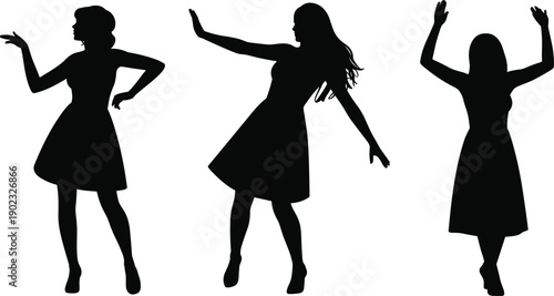 Silhouette of dancing women in different poses, female party dance collection, stylish dress movement, nightclub celebration concept, black and white illustration isolated on white.