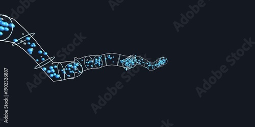A futuristic digital illustration of a scorpion's tail, showcasing abstract technology and modern design elements against a dark background from a close-up viewpoint.