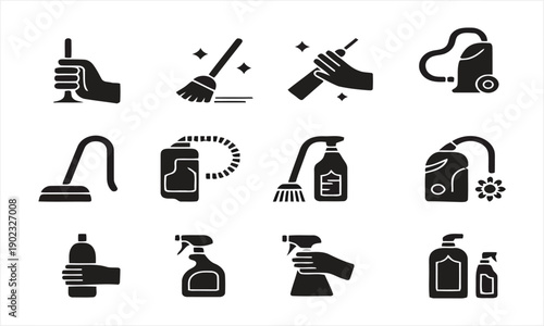 Cleaning and hygiene icons set, vector collection of household tools and supplies for home cleaning