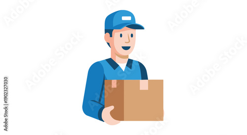 A smiling delivery person carries a cardboard package with a blue uniform