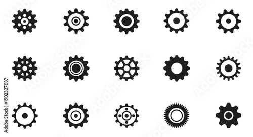 Collection of 15 gear icons in various styles and complexities