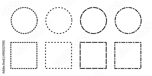 Black dashed outline shapes set. Dotted circle and rectangle frames. Minimal geometric border elements. Clean vector line icons