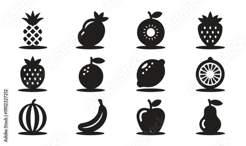 Collection of black fruit icons isolated on white background simple and modern design