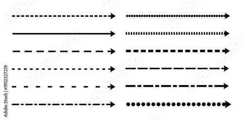 Black arrow line styles set. Dotted dashed and solid arrows. Directional pointer lines collection. Minimal vector navigation elements.