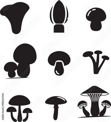 Collection of black silhouette mushroom icons on white background, edible fungi variety