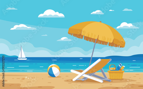 Summer Beach Chair Vector, striped beach ball with picnic basket holiday illustration