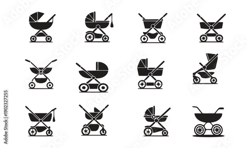 Collection of black stroller icons for babies and toddlers on white background