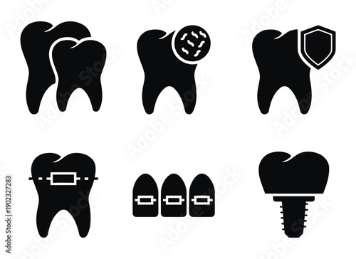 Collection of dentistry and dental care icons for dental health and treatments